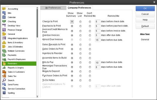 ���� - Dile a QuickBooks 2013 cómo deben trabajar los recordatorios