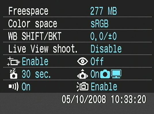 ���� - Mostrar los ajustes de las funciones de la cámara en un eos rebel xsi canon digital / 450d