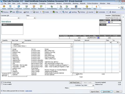 ���� - Su lista de elementos en QuickBooks 2012